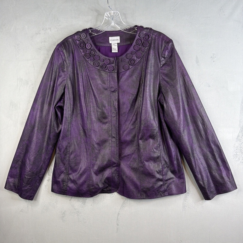 Chico's Women's Purple Metallic Jacket Size 2  Snake Skin Textured Snap Front